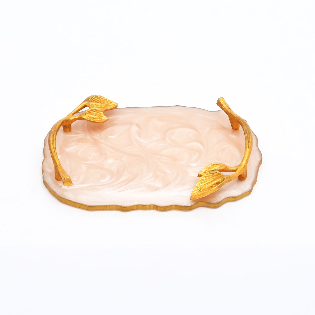 Luxury Marble Finish Leaf Handle Serving Tray  | Gold Accents