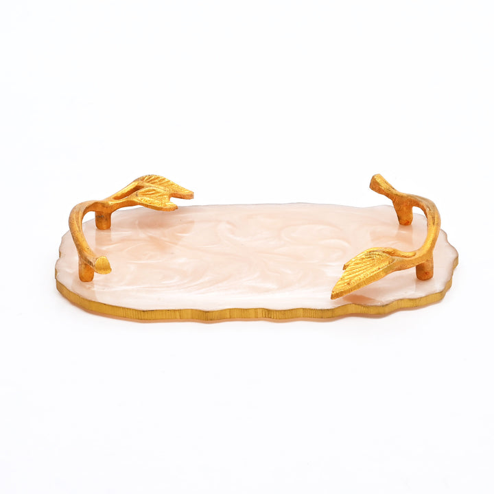 Luxury Marble Finish Leaf Handle Serving Tray  | Gold Accents