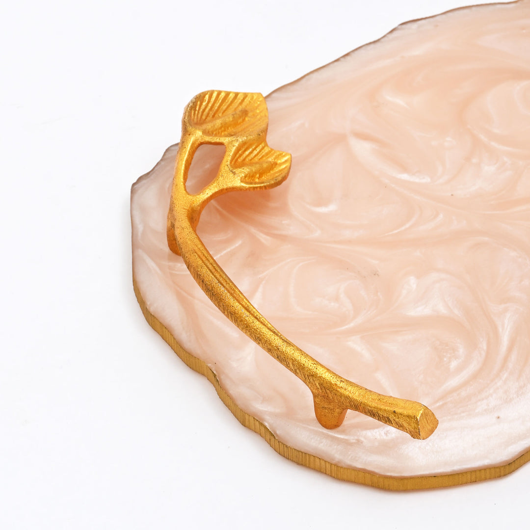 Luxury Marble Finish Leaf Handle Serving Tray  | Gold Accents