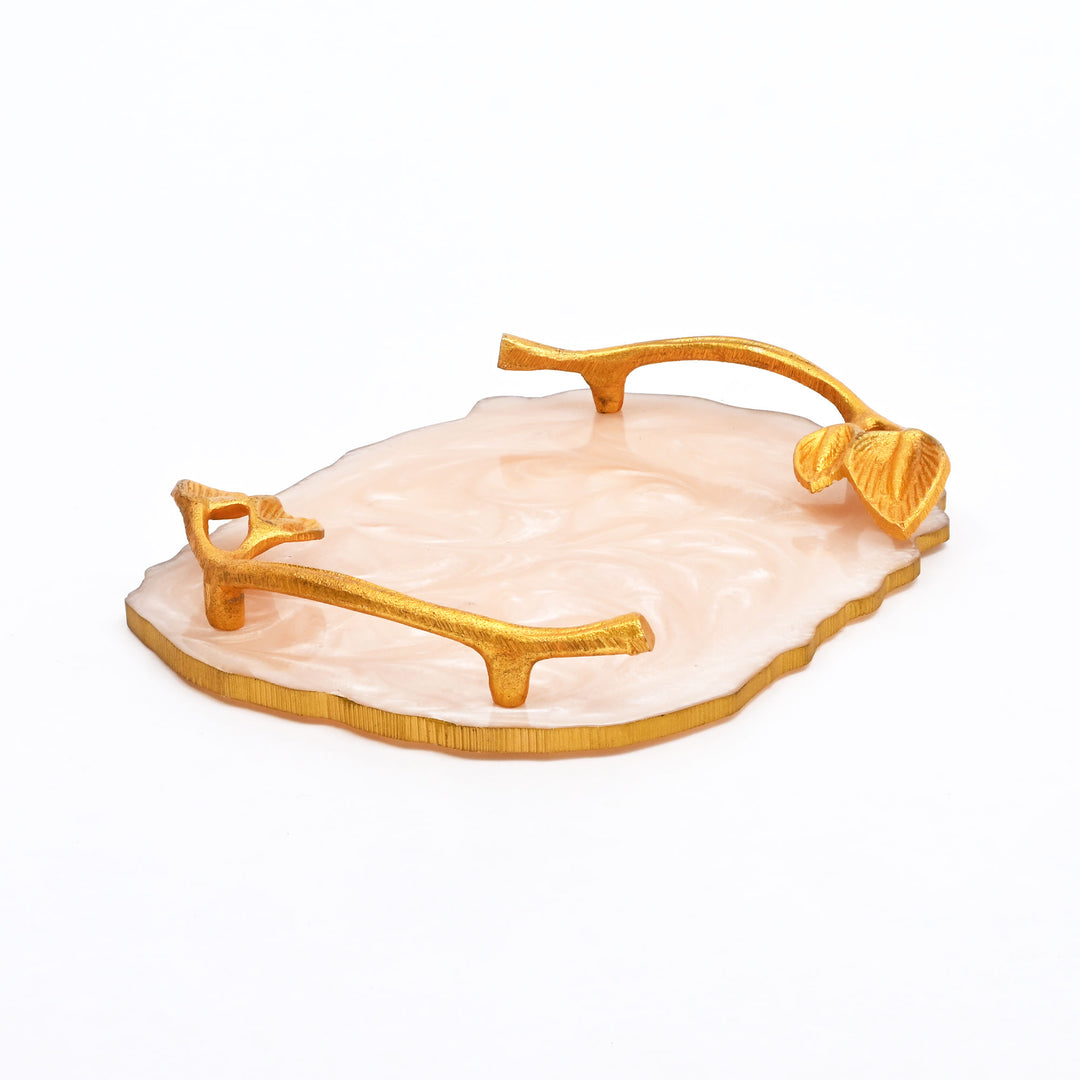 Luxury Marble Finish Leaf Handle Serving Tray  | Gold Accents