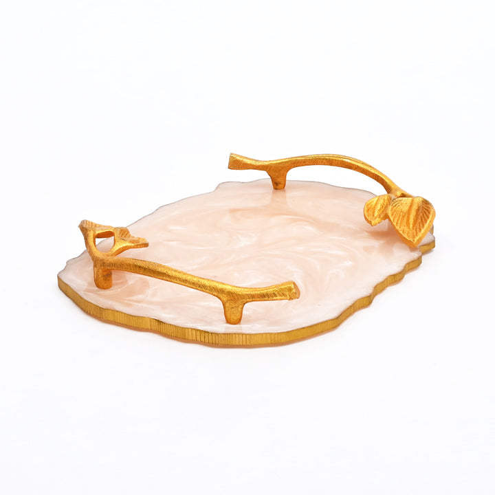 Luxury Marble Finish Leaf Handle Serving Tray  | Gold Accents