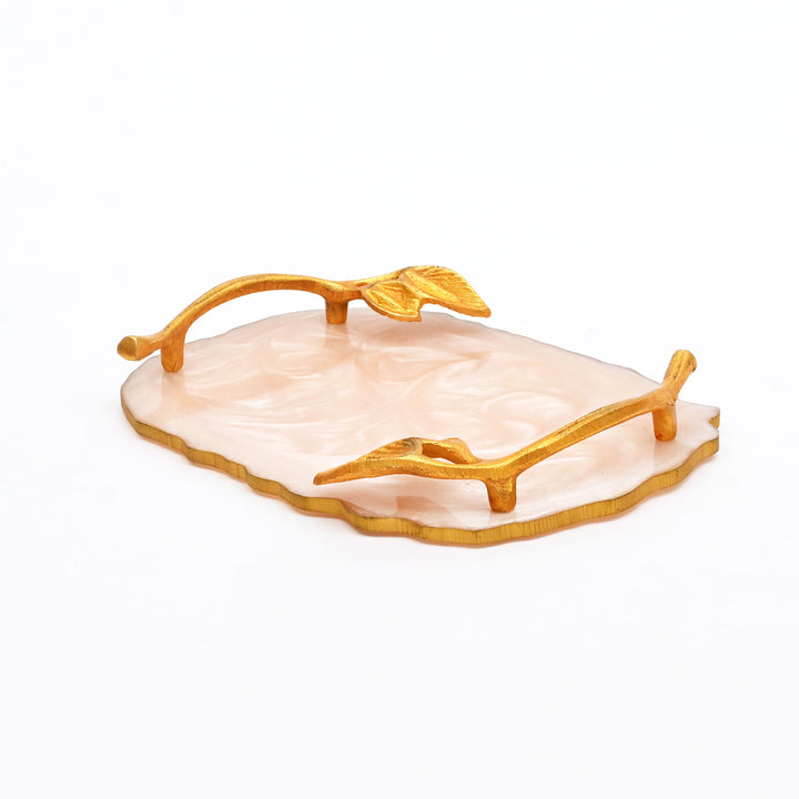 Luxury Marble Finish Leaf Handle Serving Tray  | Gold Accents