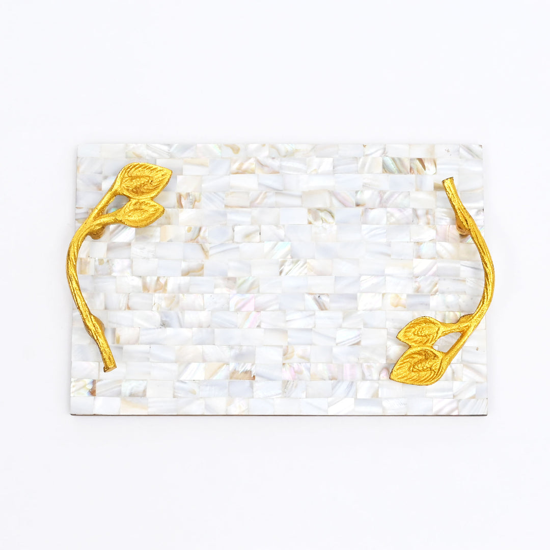 Mother of Pearl Resin Tray with Gold Leaf Handles | Luxury Décor