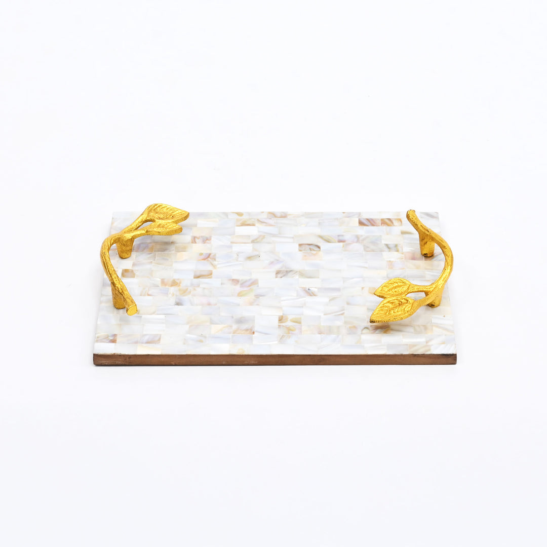 Mother of Pearl Resin Tray with Gold Leaf Handles | Luxury Décor