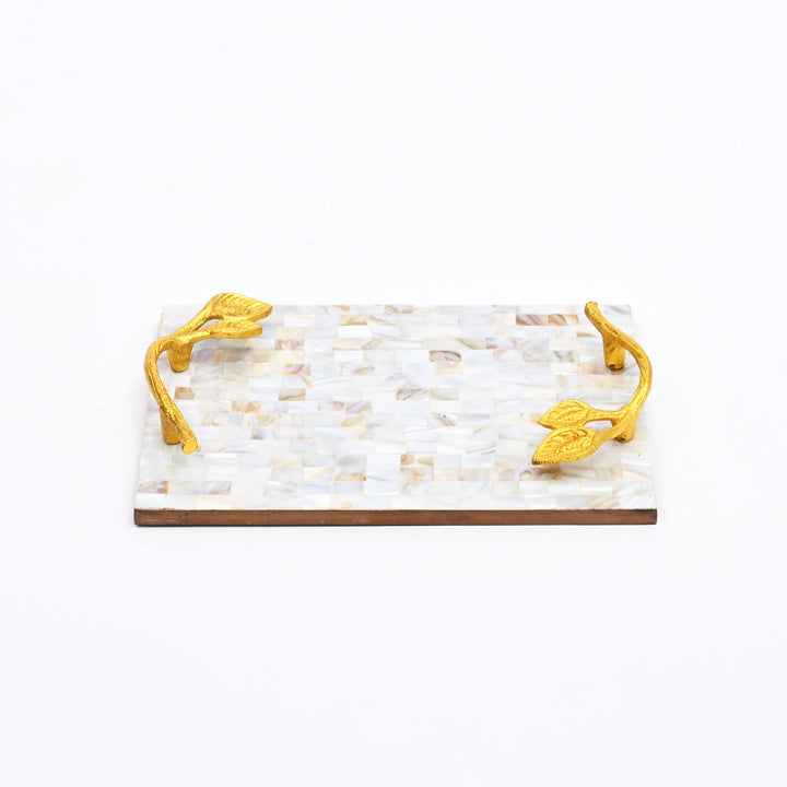 Mother of Pearl Resin Tray with Gold Leaf Handles | Luxury Décor