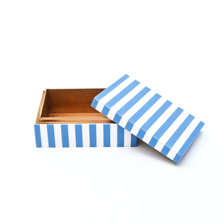 Blue Striped Resin Box Glossy MDF Storage Decor 17cm
