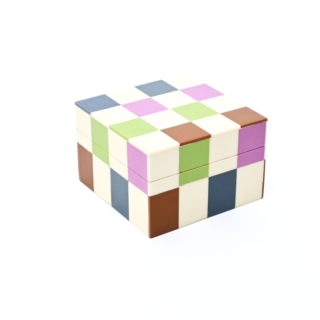 Checkered Resin Storage Box 4x4 Inch Modern MDF Décor
