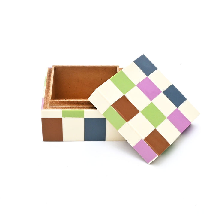 Checkered Resin Storage Box 4x4 Inch Modern MDF Décor