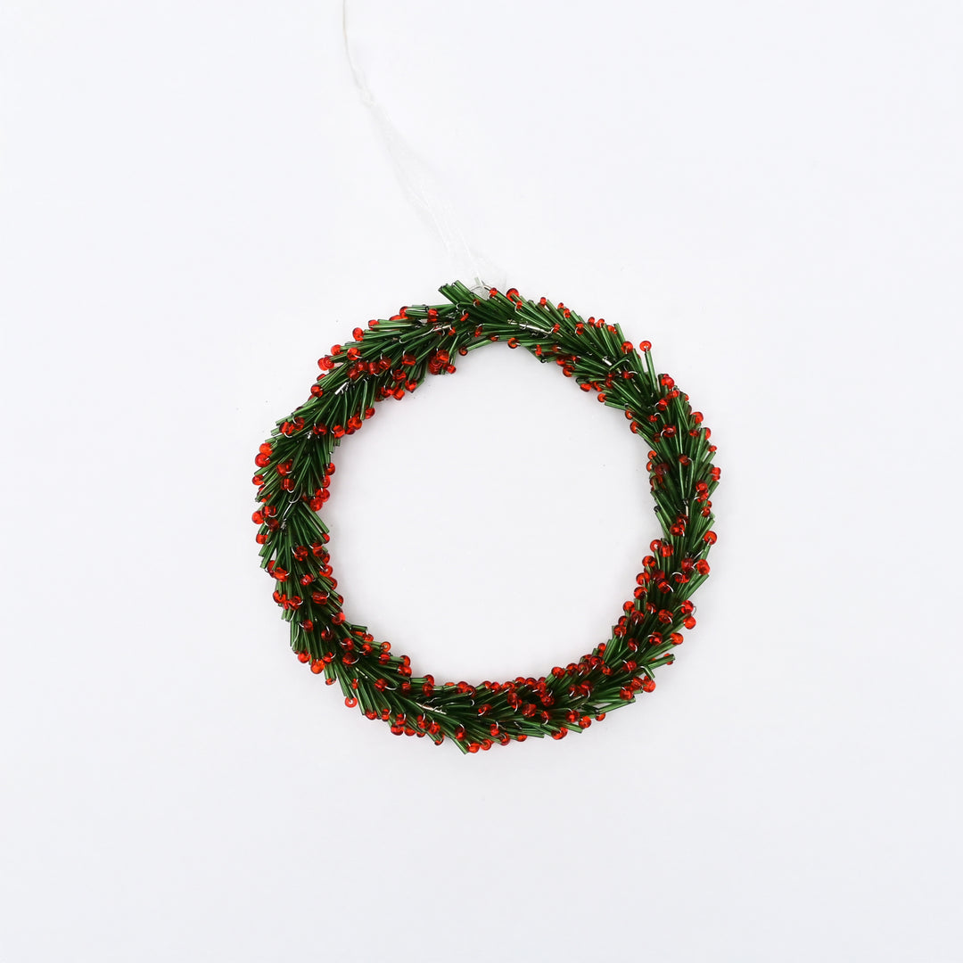 Red & Green Beaded Christmas Wreath Hanging Ornament