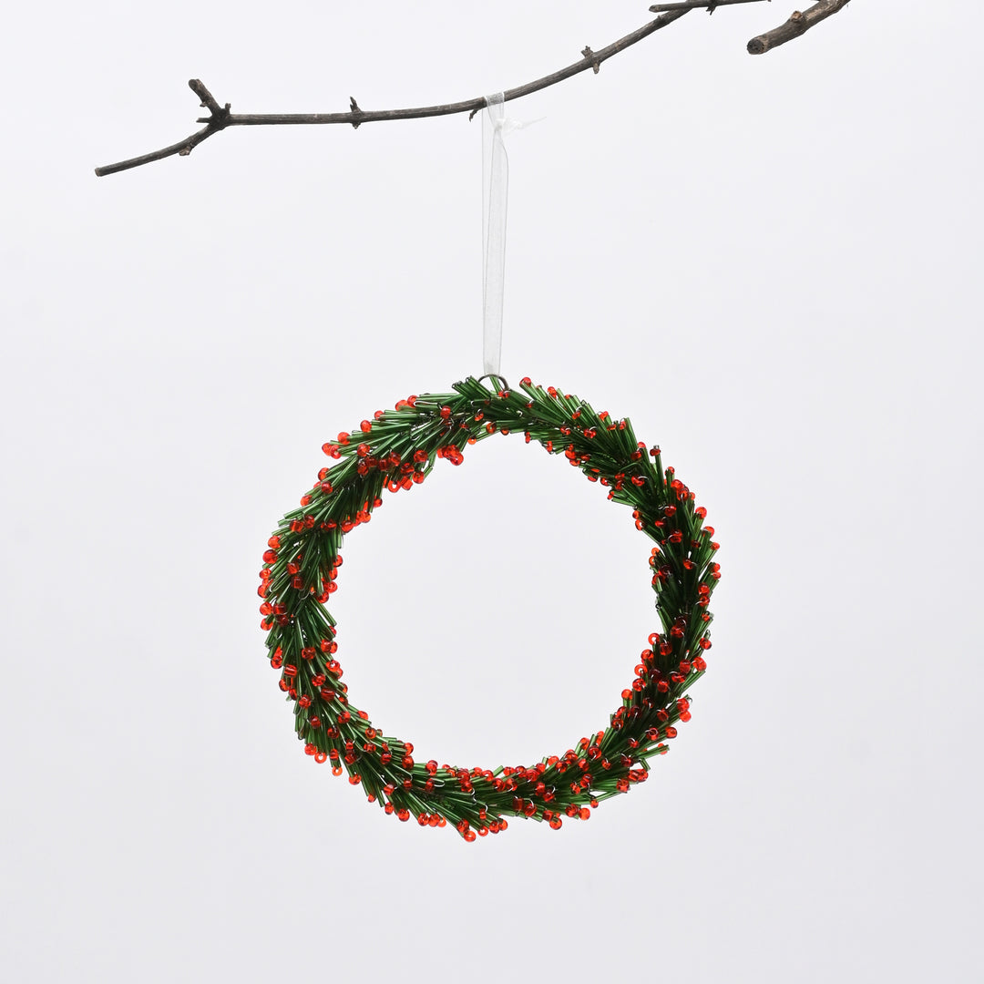 Red & Green Beaded Christmas Wreath Hanging Ornament