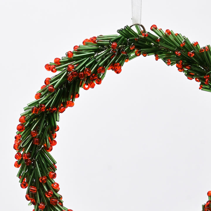 Red & Green Beaded Christmas Wreath Hanging Ornament