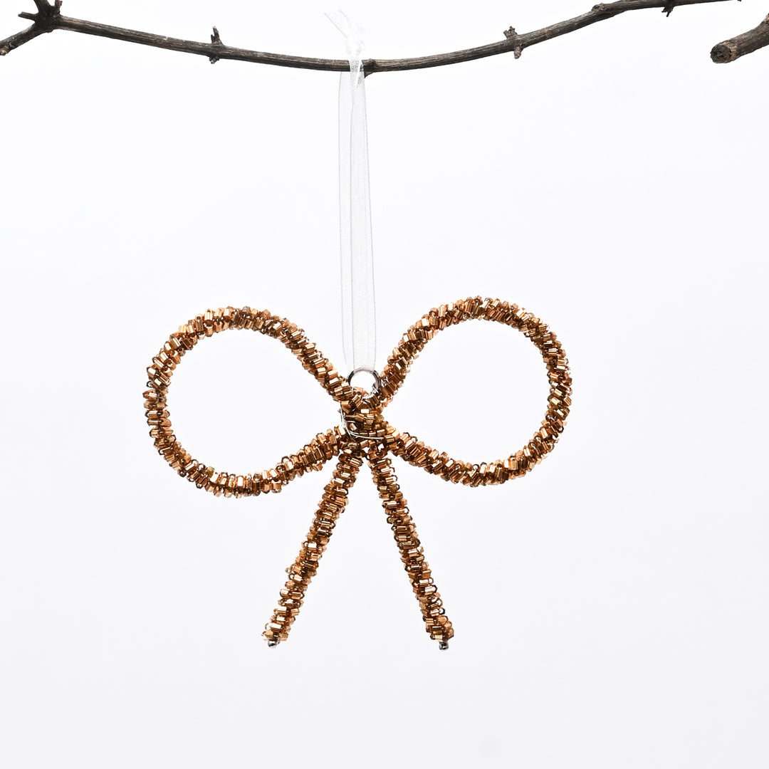 Gold Beaded Bow Christmas Hanging Ornament
