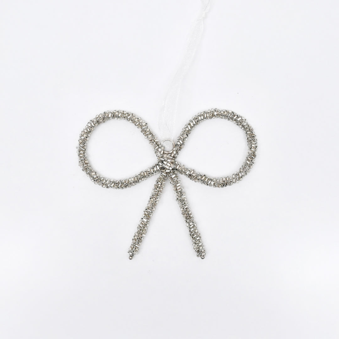 Silver Beaded Bow Christmas Hanging Ornament