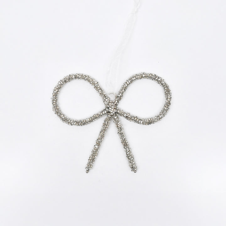 Silver Beaded Bow Christmas Hanging Ornament