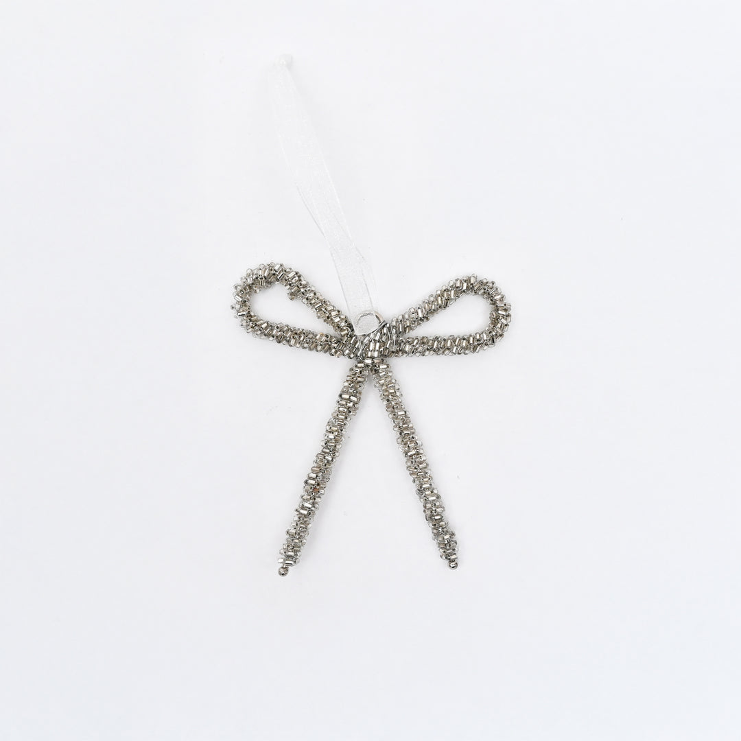 Silver Beaded Bow Hanging Ornament - 10 cm