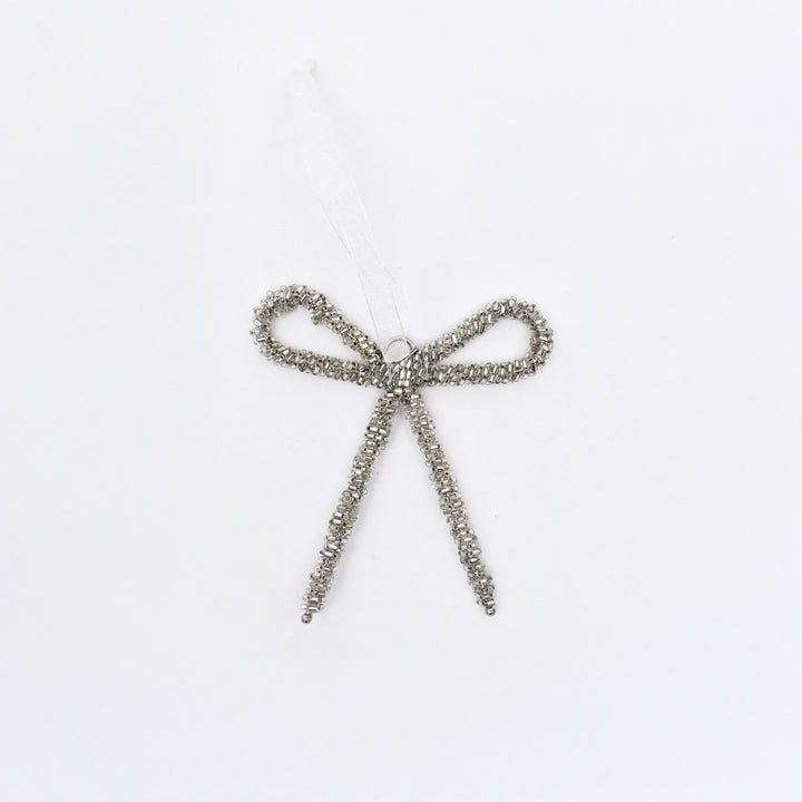 Silver Beaded Bow Hanging Ornament - 10 cm