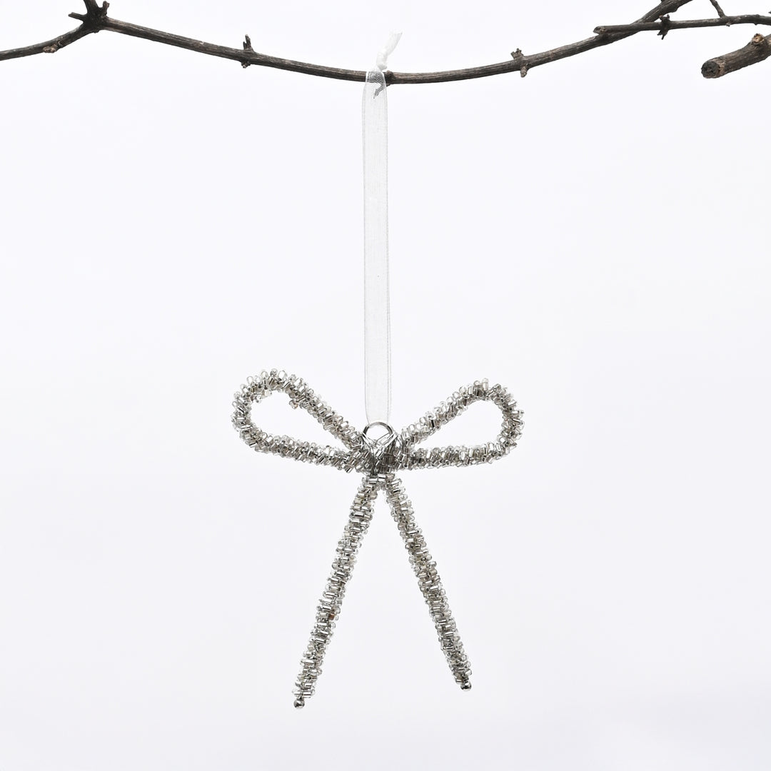 Silver Beaded Bow Hanging Ornament - 10 cm