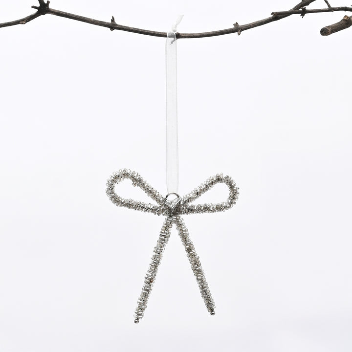 Silver Beaded Bow Hanging Ornament - 10 cm