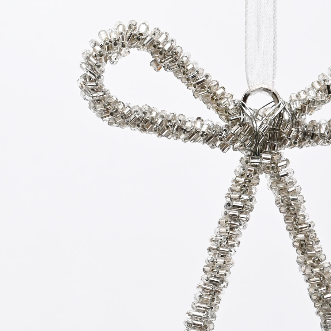 Silver Beaded Bow Hanging Ornament - 10 cm