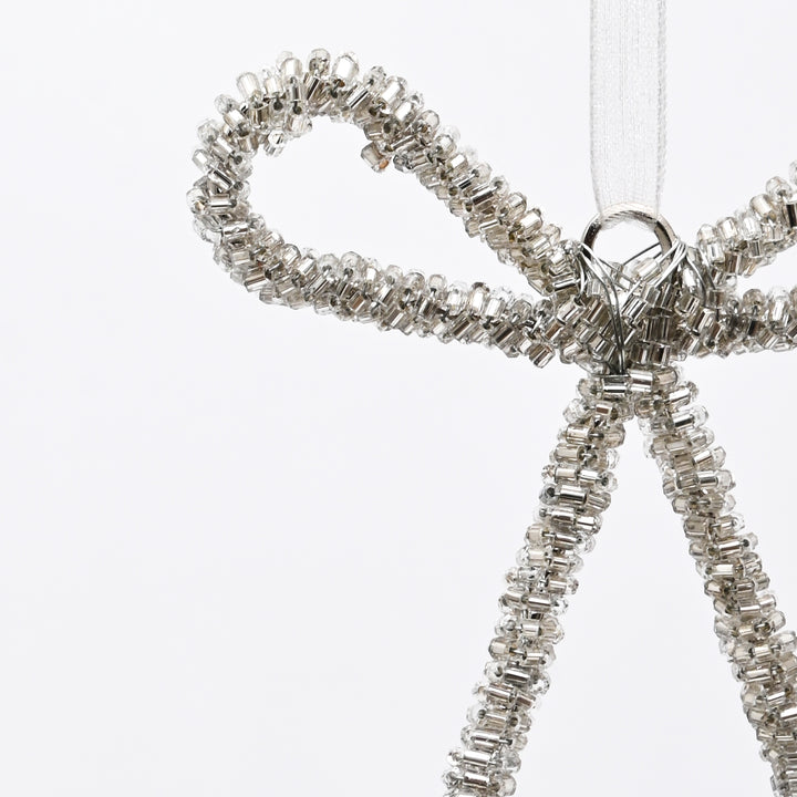 Silver Beaded Bow Hanging Ornament - 10 cm