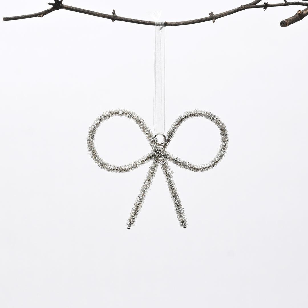 Silver Beaded Bow Christmas Hanging Ornament