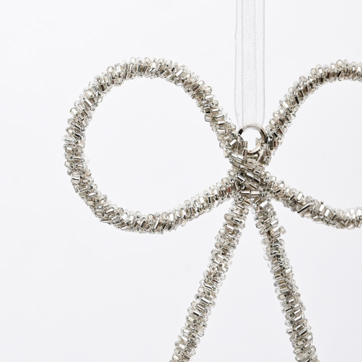 Silver Beaded Bow Christmas Hanging Ornament