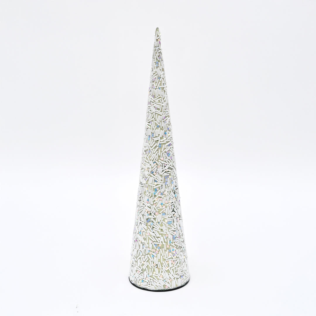 Beaded Decorative Cone – Ivory & Gold – 18 cm