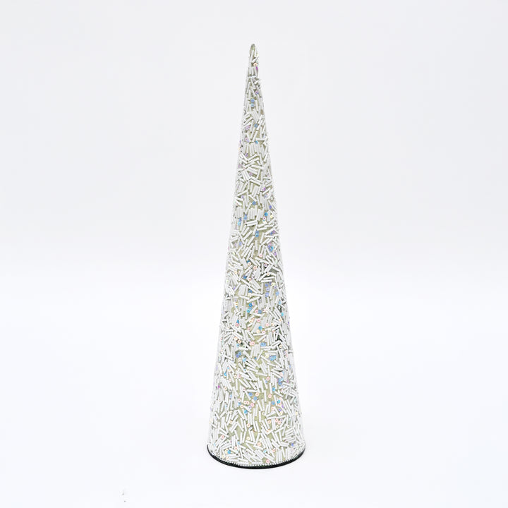 Beaded Decorative Cone – Ivory & Gold – 18 cm