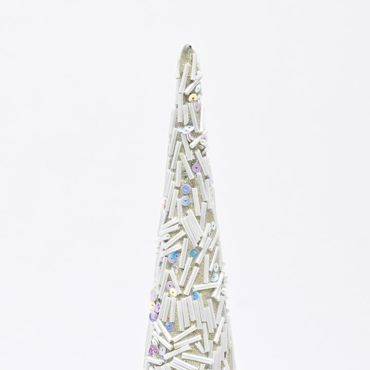 Beaded Decorative Cone – Ivory & Gold – 18 cm