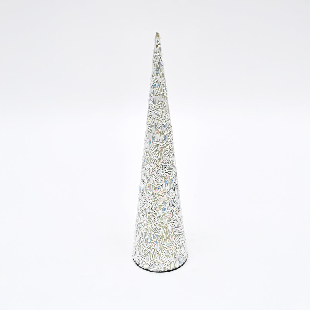 Beaded Decorative Cone – Ivory & Gold – 18 cm