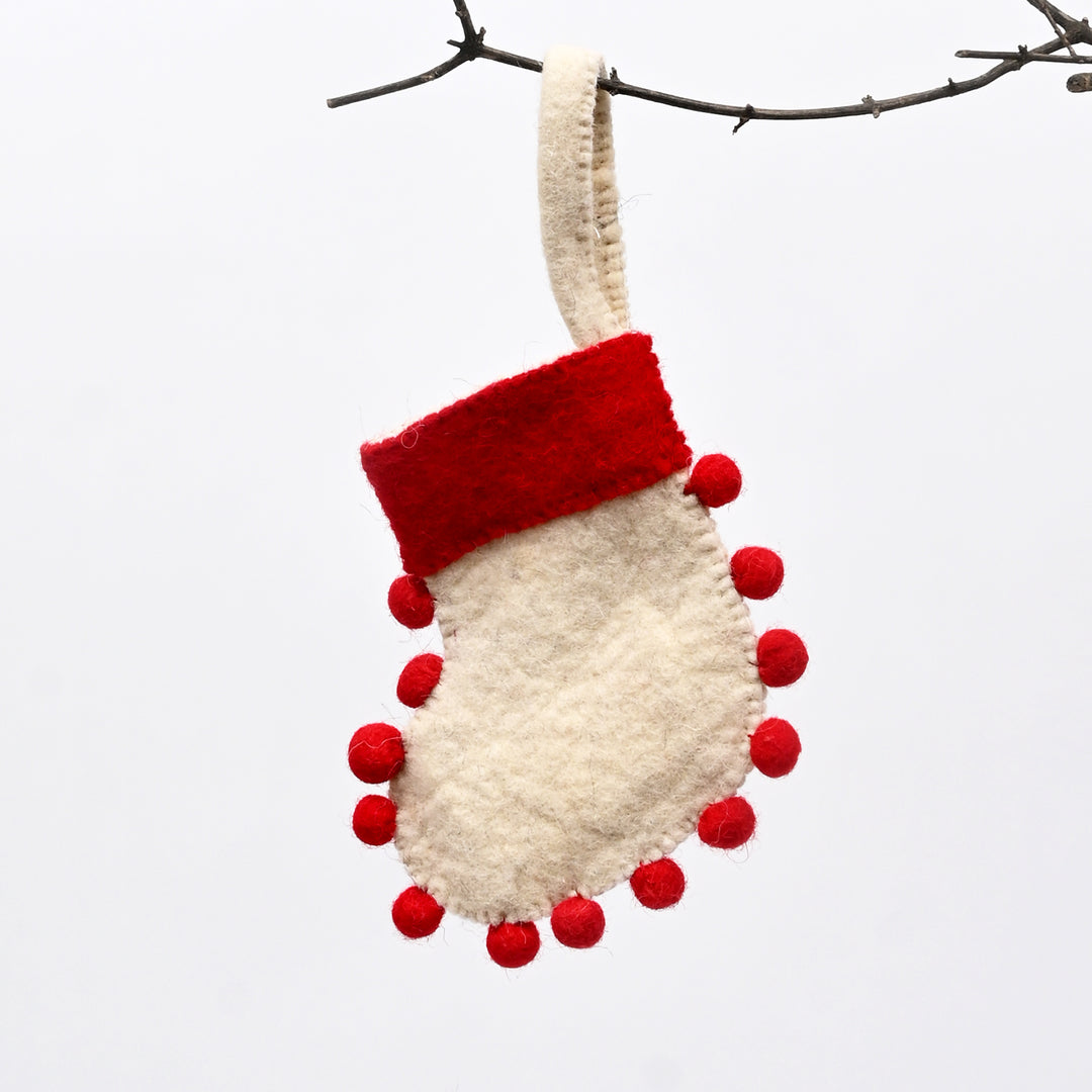 Mini Felt Christmas Stocking with Pom Poms – Cream