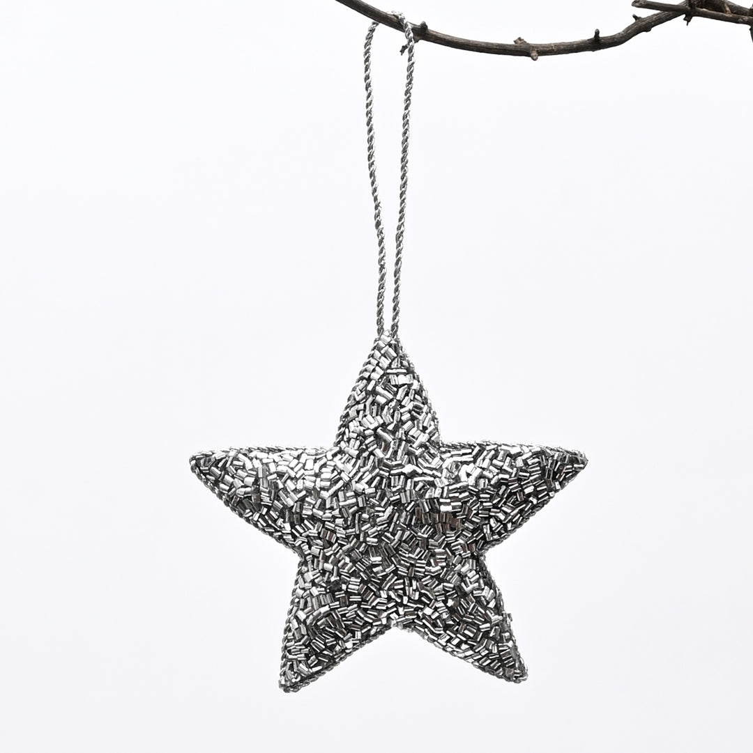 Beaded Star Hanging Ornament - Silver