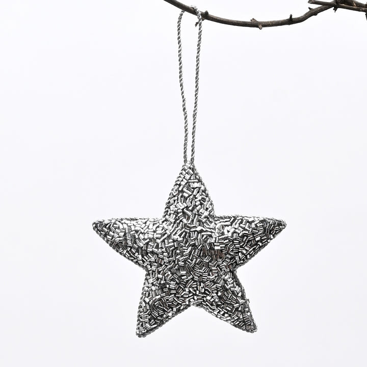 Beaded Star Hanging Ornament - Silver