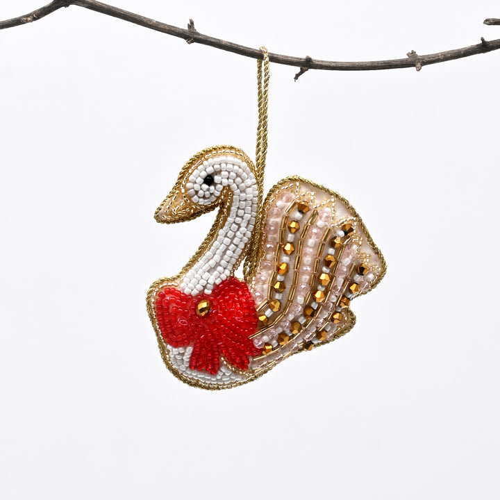 Beaded Felt Swan Hanging Ornament