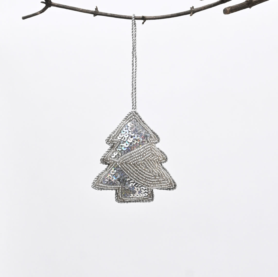 Silver Beaded Christmas Tree Hanging Ornament