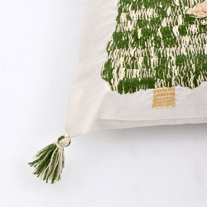 Cotton Slub Cushion with Tree Embroidery & Tassels