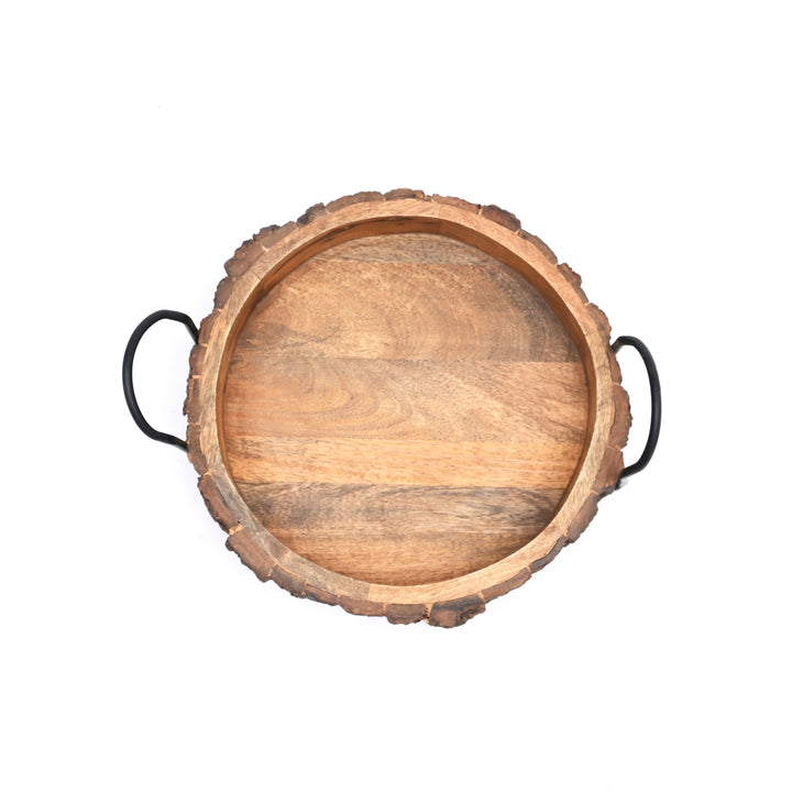Rustic Bark Wood Serving Tray with Iron Handles | Natural Decorative Platter for Farmhouse & Home Decor, Unique Wooden T