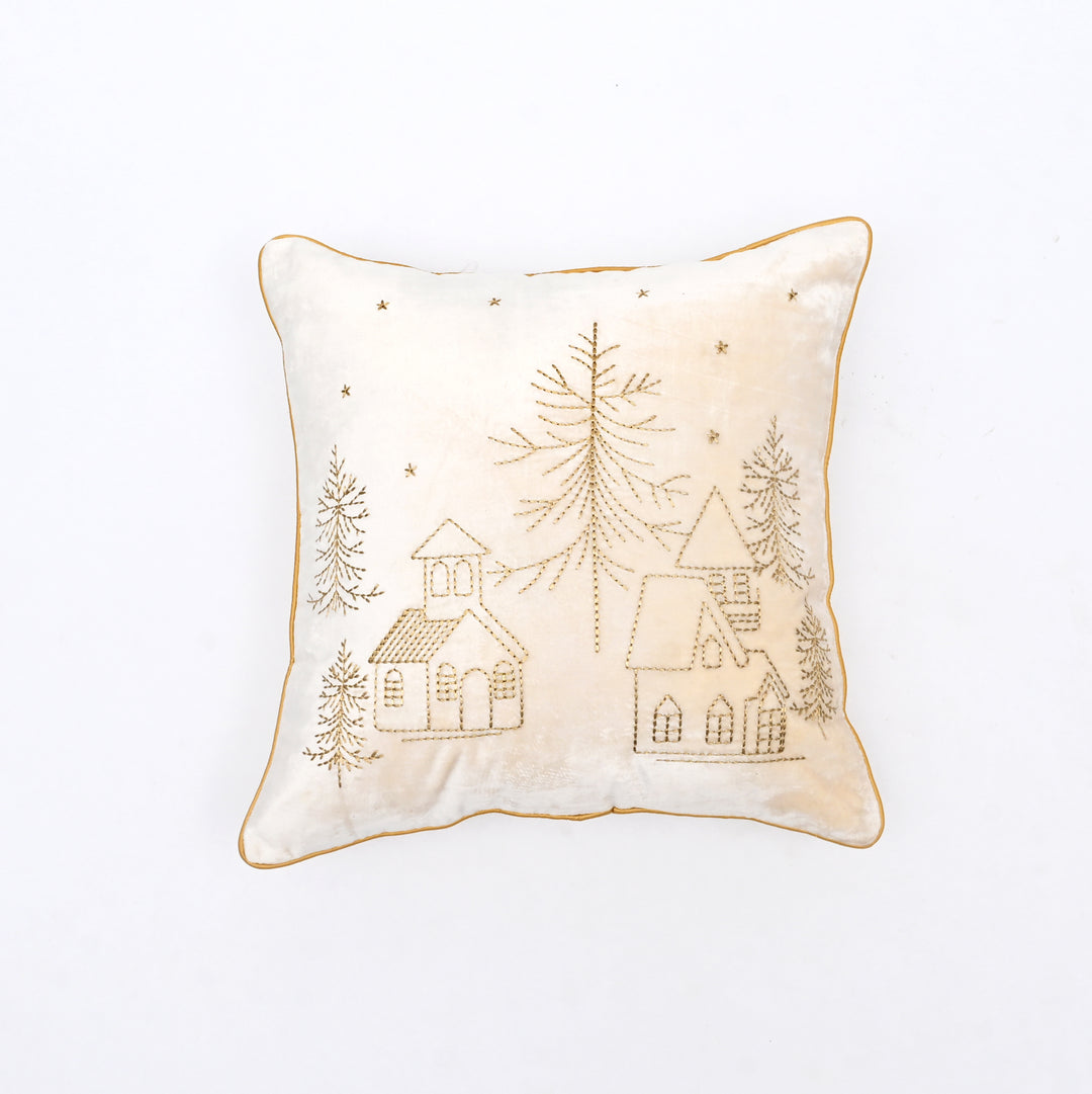 Velvet Cushion with Gold Zari Embroidery – Ivory