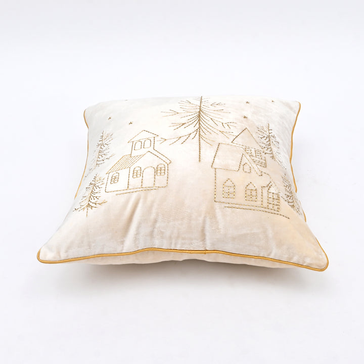 Velvet Cushion with Gold Zari Embroidery – Ivory