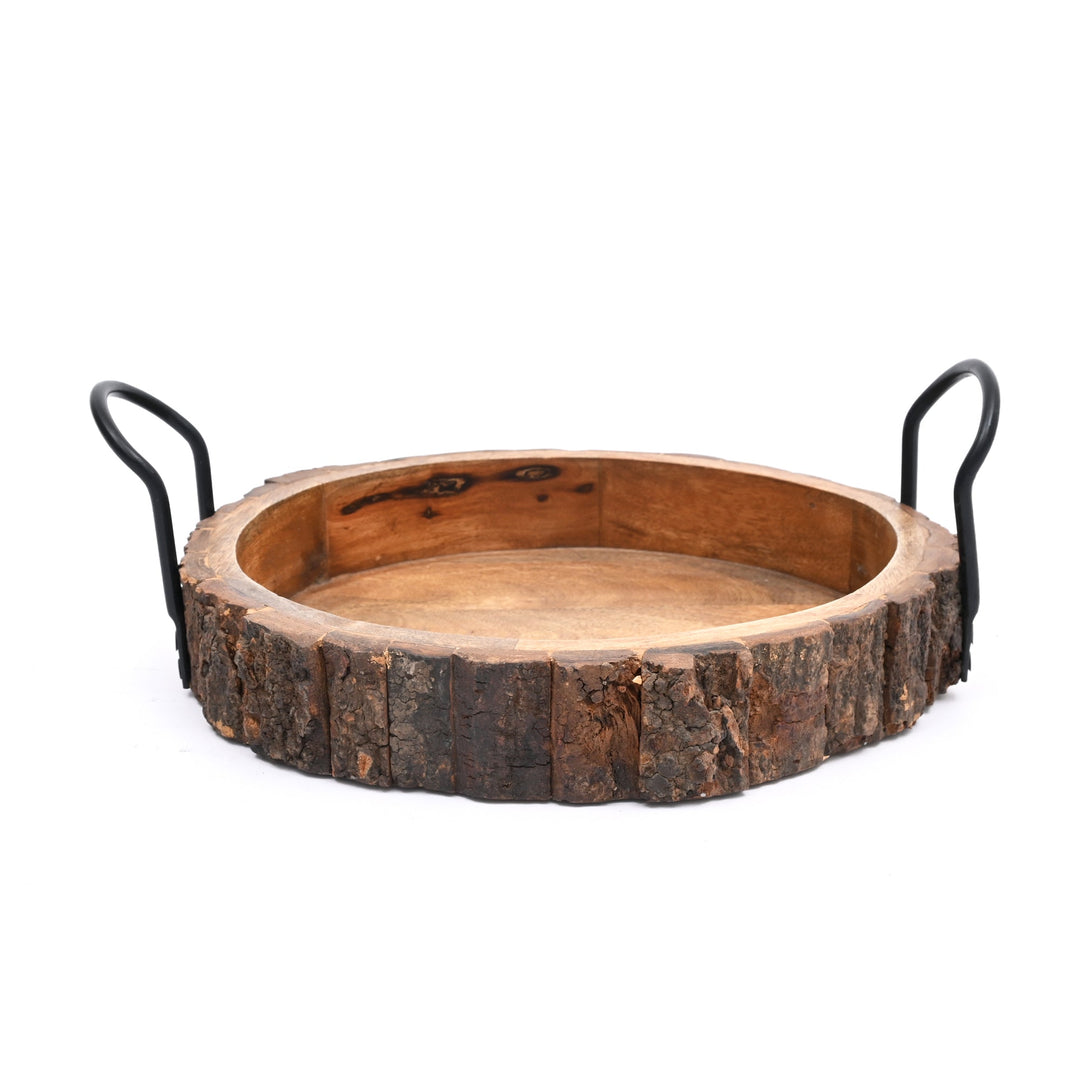 Rustic Bark Wood Serving Tray with Iron Handles | Natural Decorative Platter for Farmhouse & Home Decor, Unique Wooden T