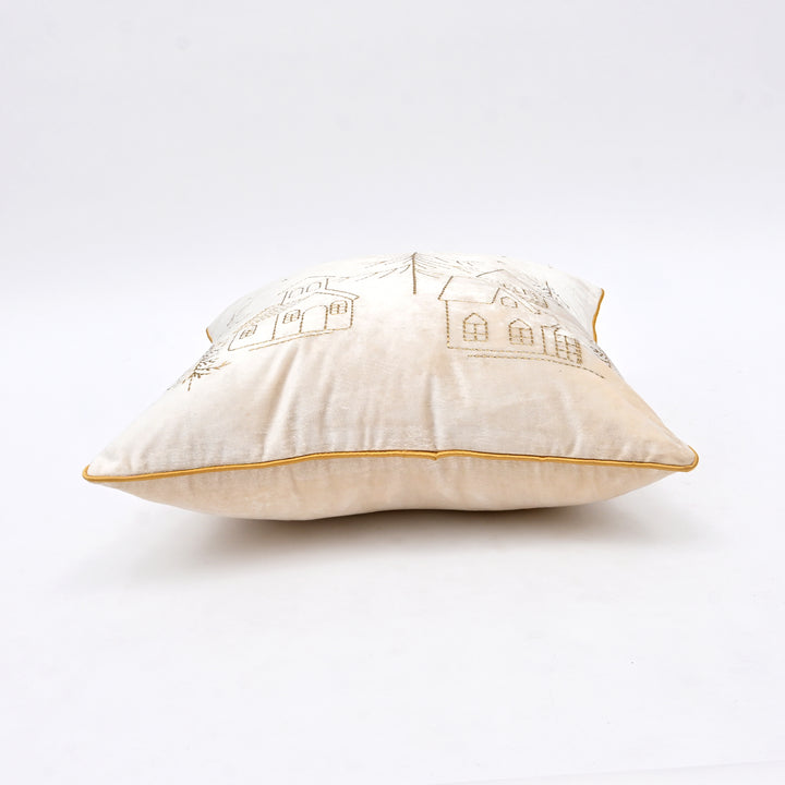 Velvet Cushion with Gold Zari Embroidery – Ivory