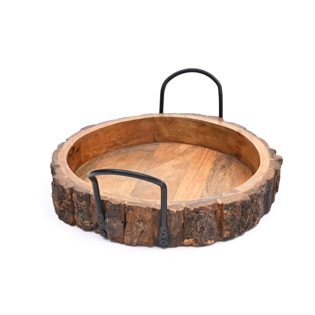 Rustic Bark Wood Serving Tray with Iron Handles | Natural Decorative Platter for Farmhouse & Home Decor, Unique Wooden T