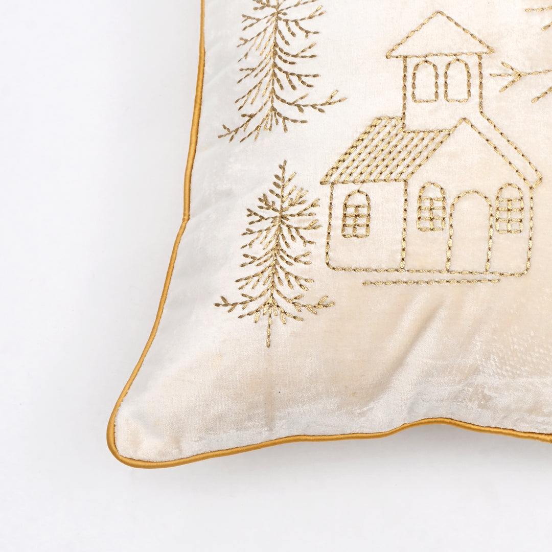 Velvet Cushion with Gold Zari Embroidery – Ivory