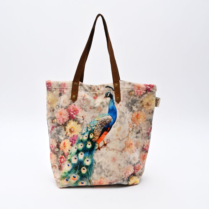 Peacock Floral Velvet Cotton Tote Bag - 40×48 cm Digital Print