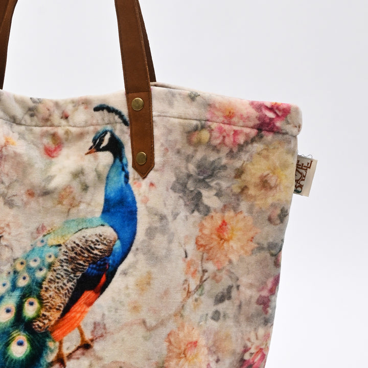 Peacock Floral Velvet Cotton Tote Bag - 40×48 cm Digital Print