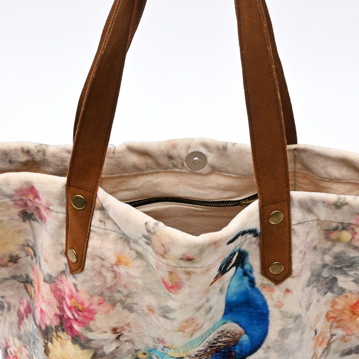 Peacock Floral Velvet Cotton Tote Bag - 40×48 cm Digital Print