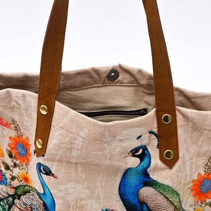 Embroidered Peacock Cotton Tote Bag – Floral Multi Shopper