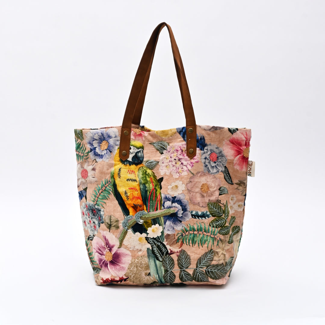 Embroidered Parrot & Floral Cotton Tote Bag – Multicolor