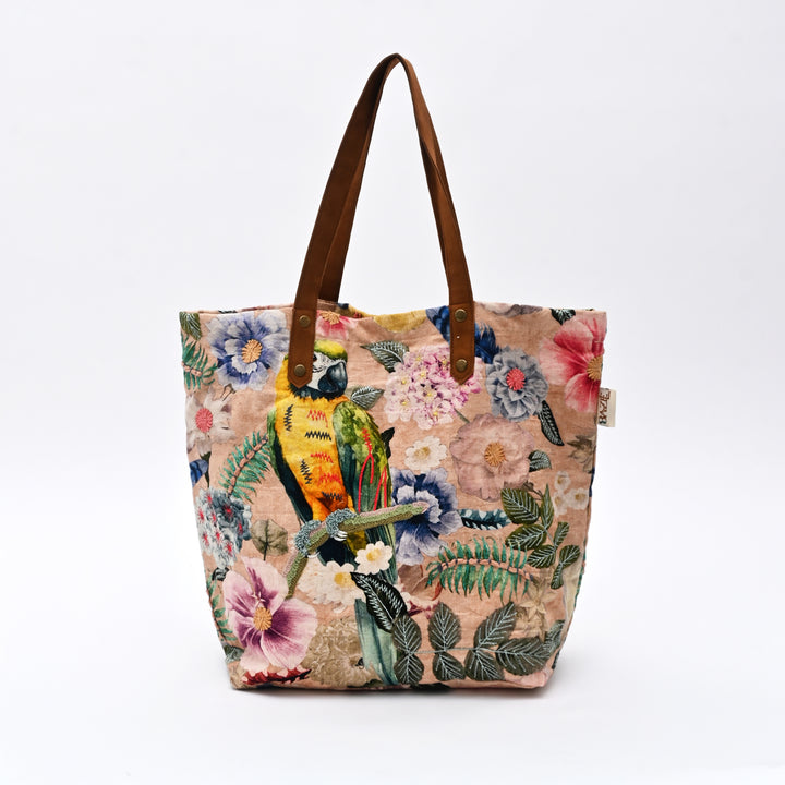 Embroidered Parrot & Floral Cotton Tote Bag – Multicolor
