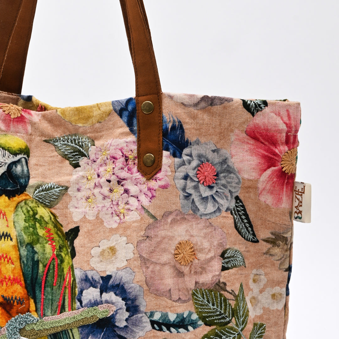 Embroidered Parrot & Floral Cotton Tote Bag – Multicolor